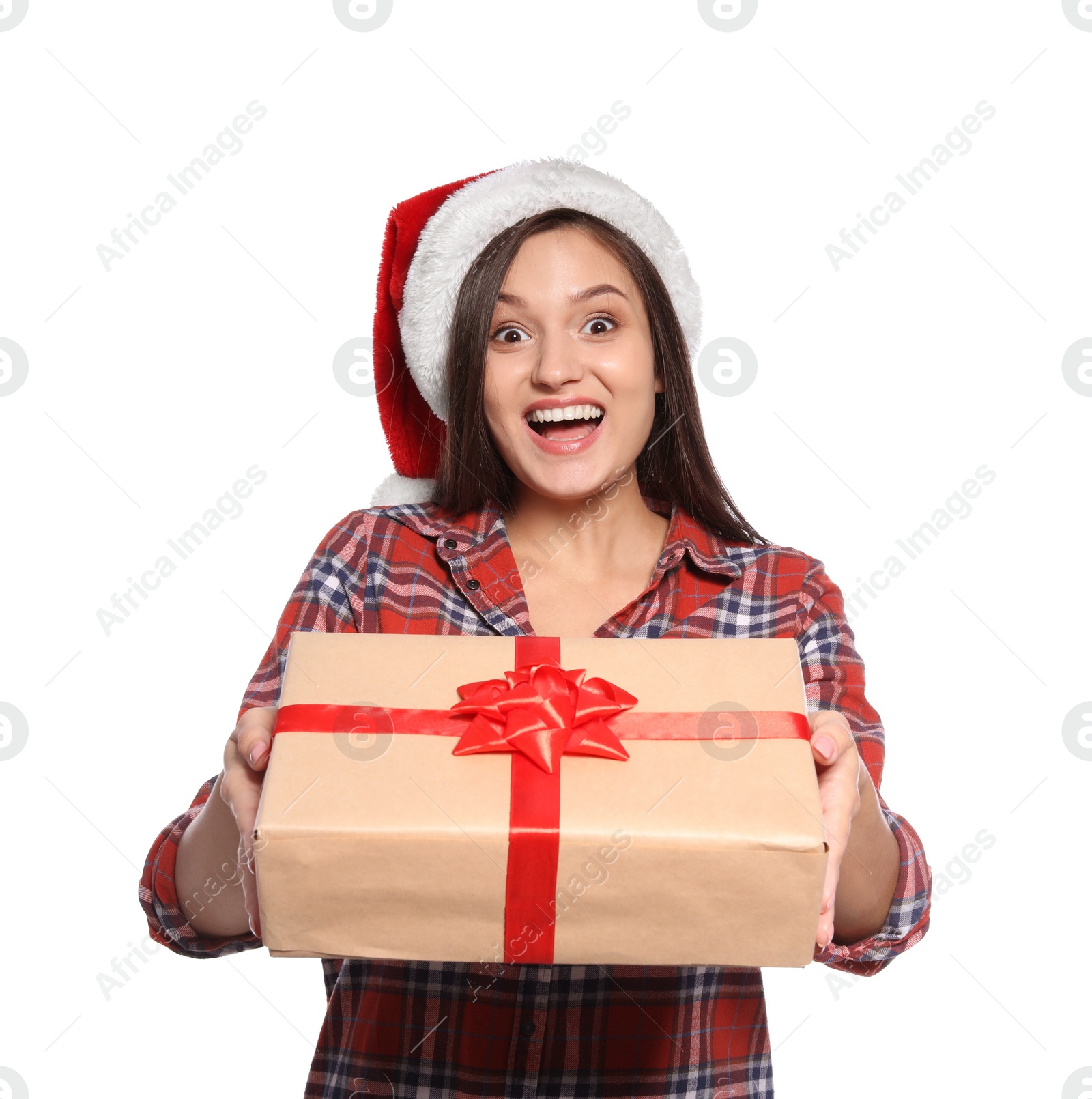 Photo of Young woman with Christmas gift on white background