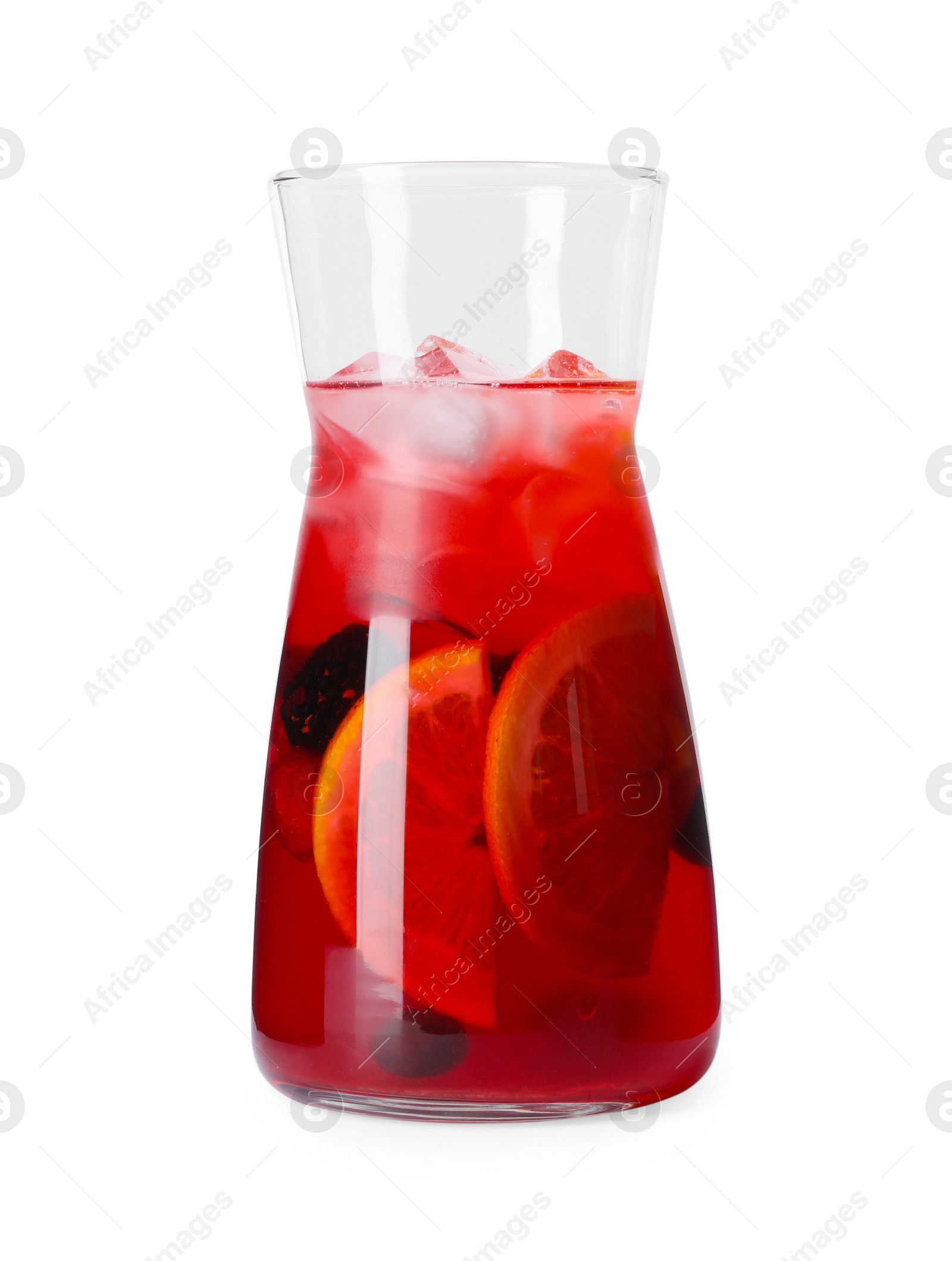 Photo of Glass jug of delicious sangria isolated on white