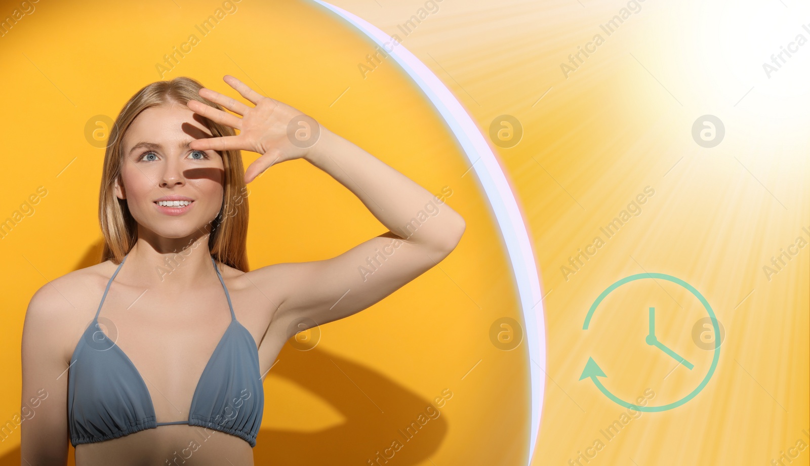 Image of Sun protection product (sunscreen) as barrier against ultraviolet, banner design. Beautiful young woman shading herself with hand on orange background