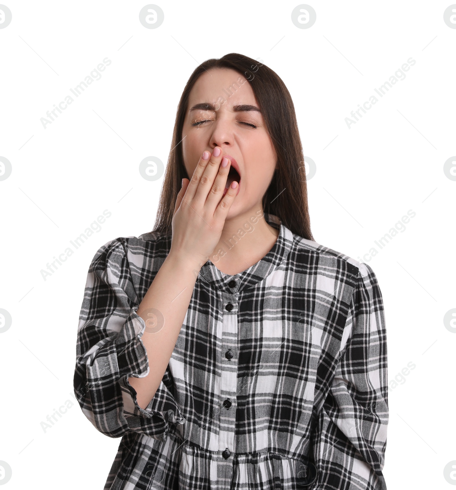 Photo of Portrait of bored young woman on white background. Personality concept