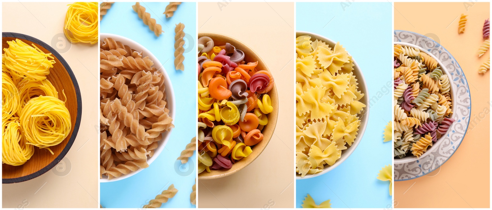 Image of Different types of uncooked pasta, top view. Photo collage