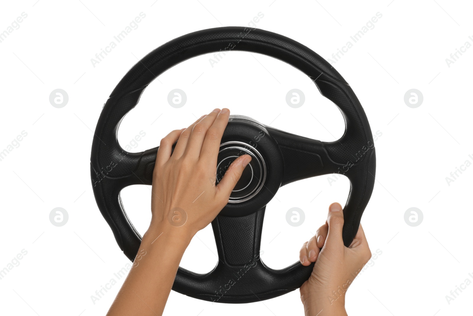 Photo of Woman with steering wheel on white background, closeup