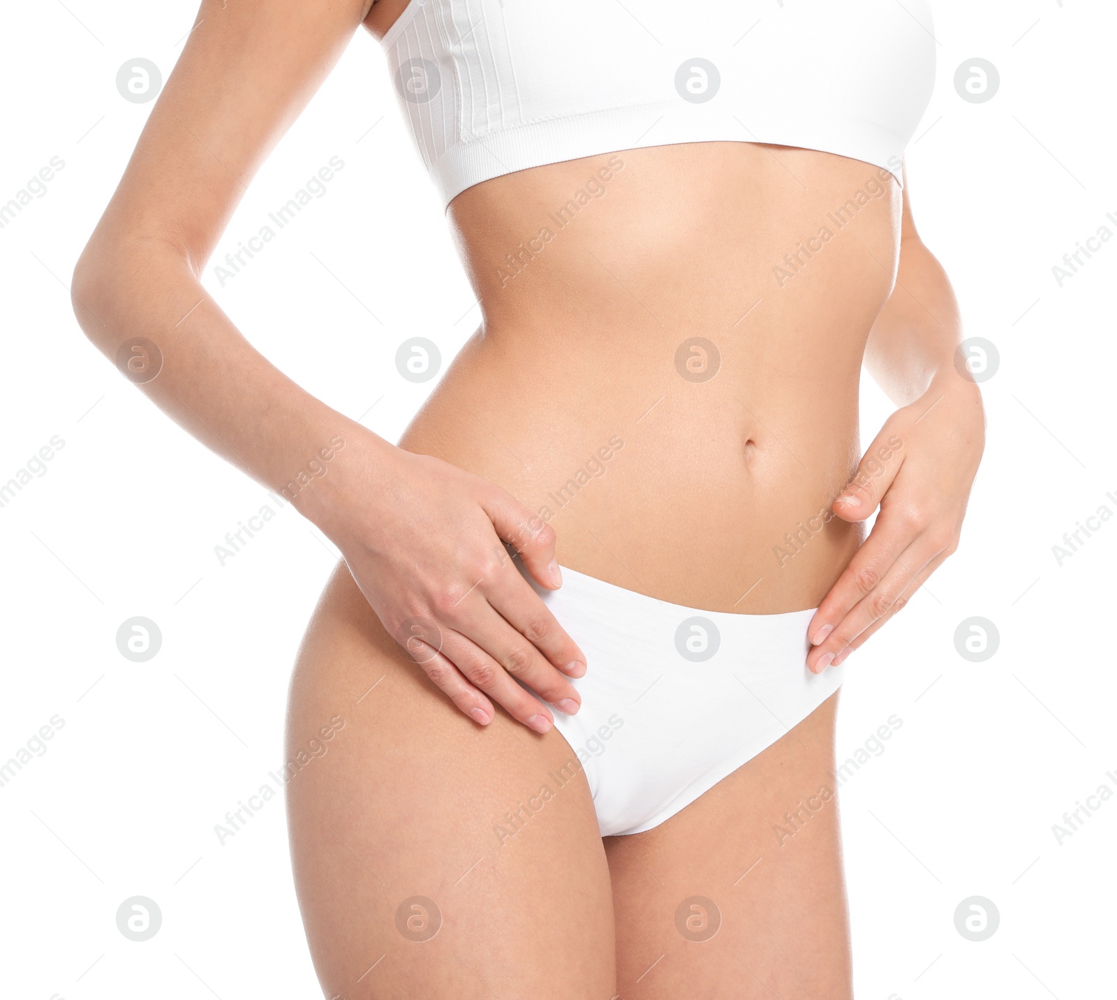 Photo of Slim young woman with smooth gentle skin on white background, closeup. Beauty and body care concept