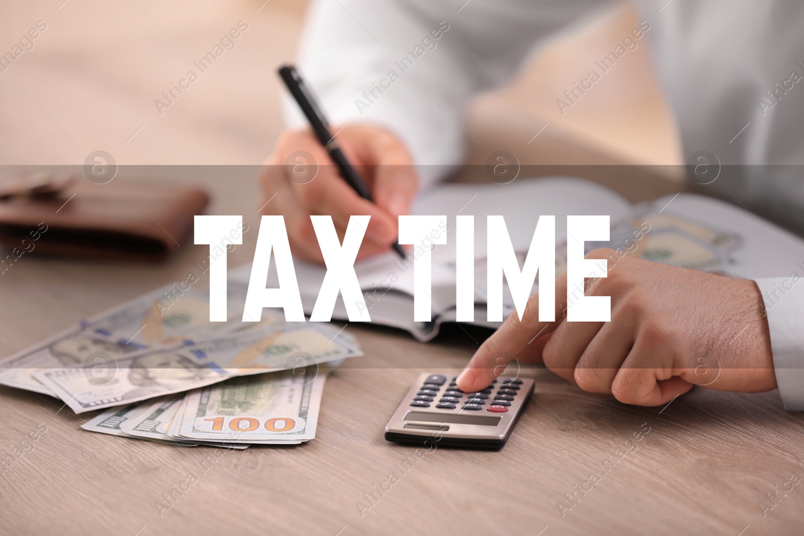 Image of Tax accountant working with calculator and money at table, closeup