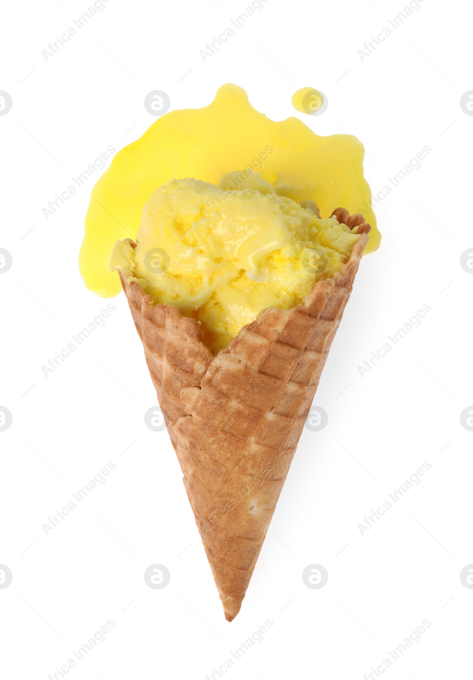 Photo of Melting ice cream in wafer cone isolated on white, top view