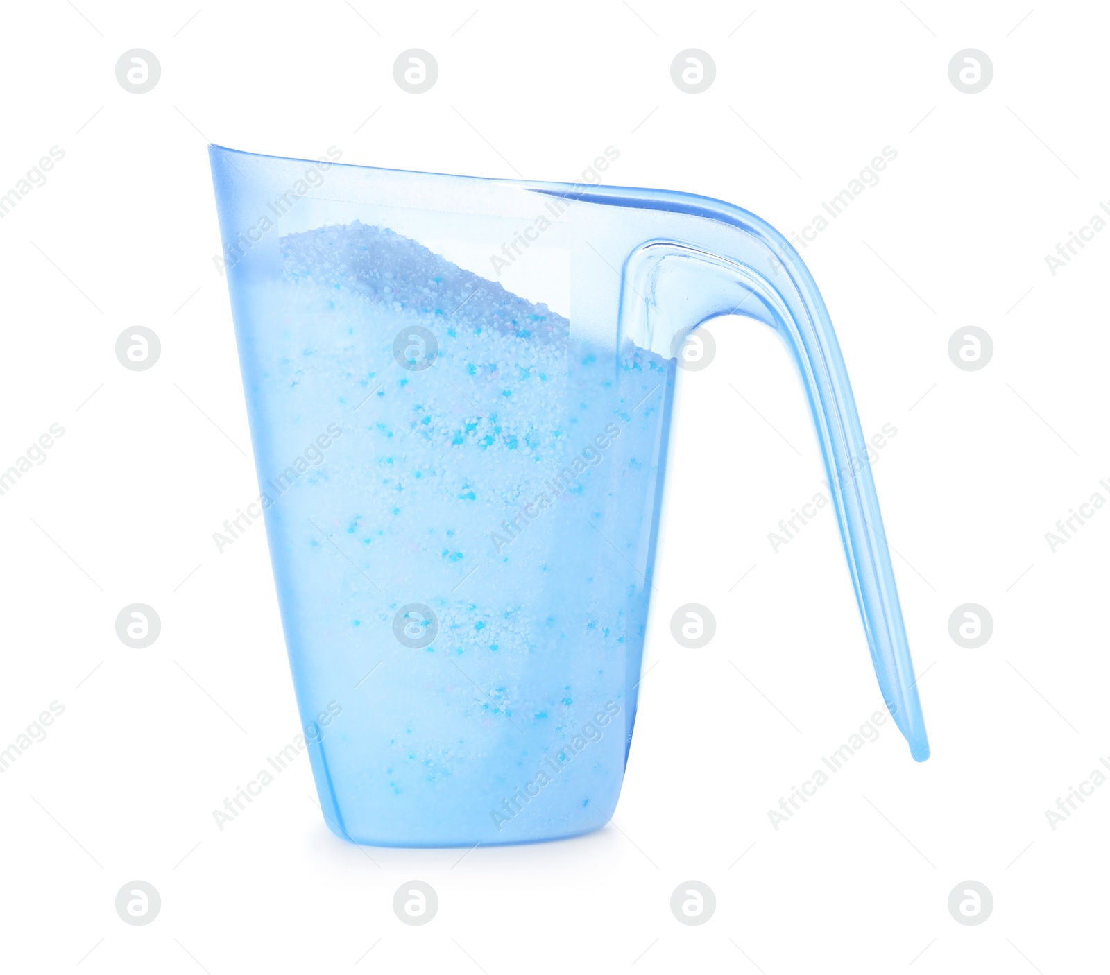 Photo of Laundry detergent in plastic measuring cup on white background