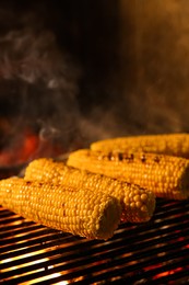 Photo of Cooking delicious fresh corn cobs on grilling grate in oven with burning firewood