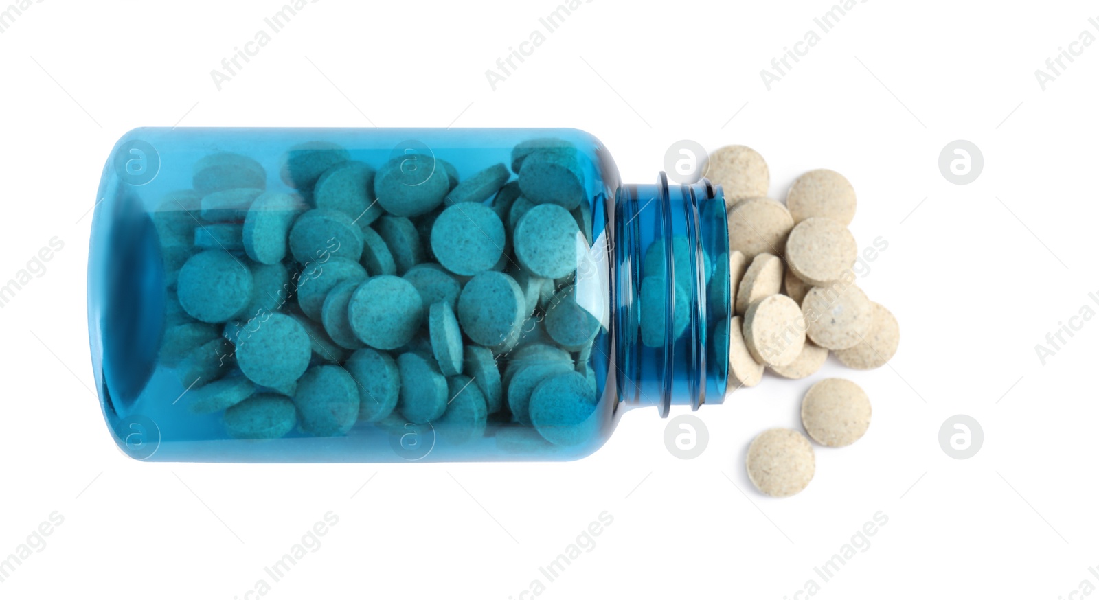 Photo of Bottle with vitamin pills isolated on white, top view