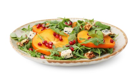 Photo of Tasty salad with persimmon, blue cheese, pomegranate and walnuts isolated on white
