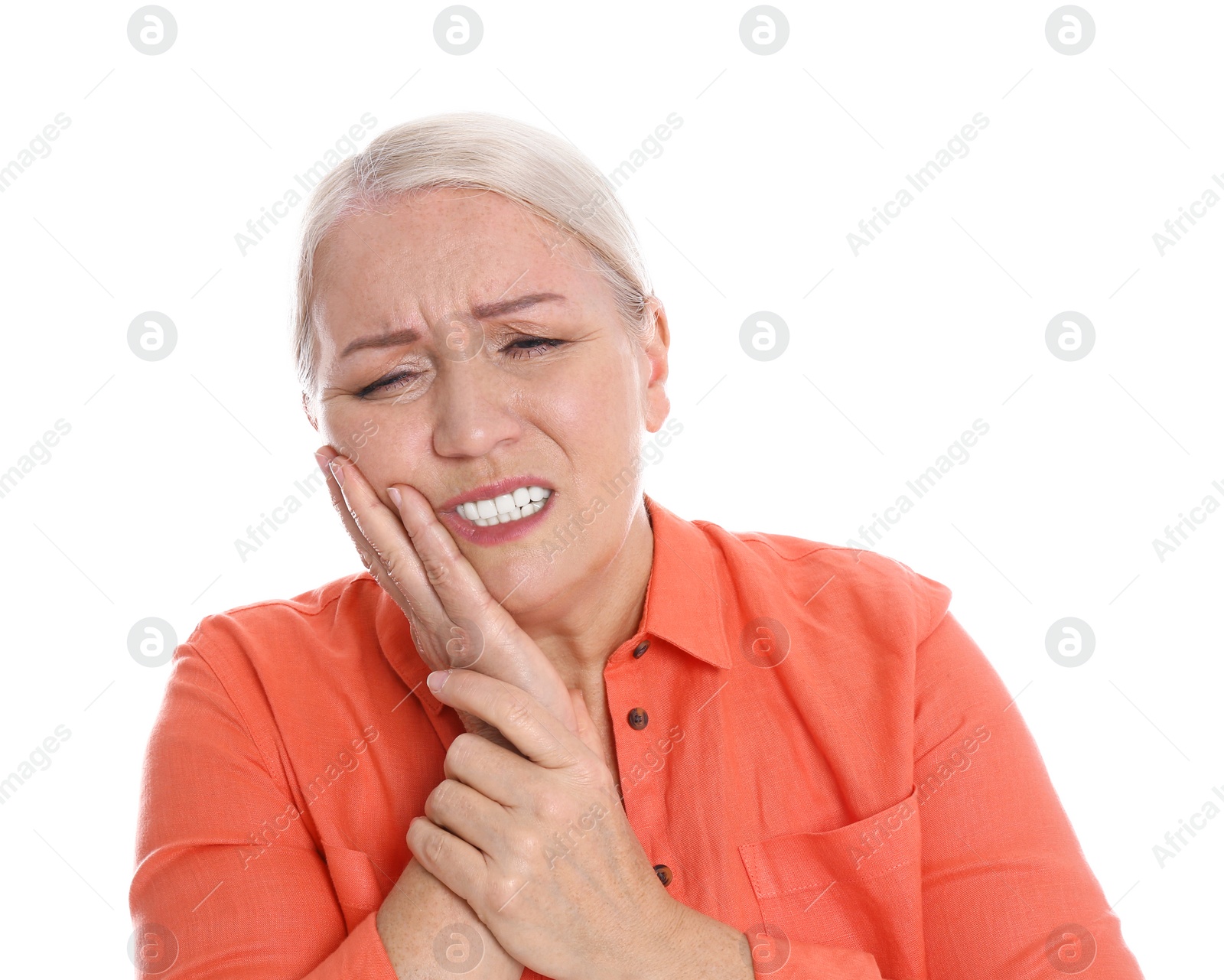 Photo of Woman suffering from toothache on white background