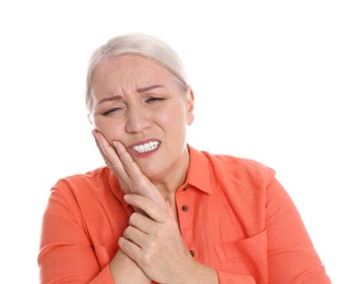 Photo of Woman suffering from toothache on white background