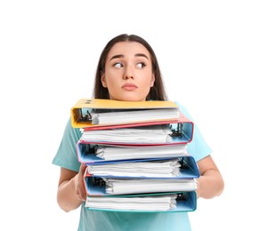 Woman with colorful folders on white background
