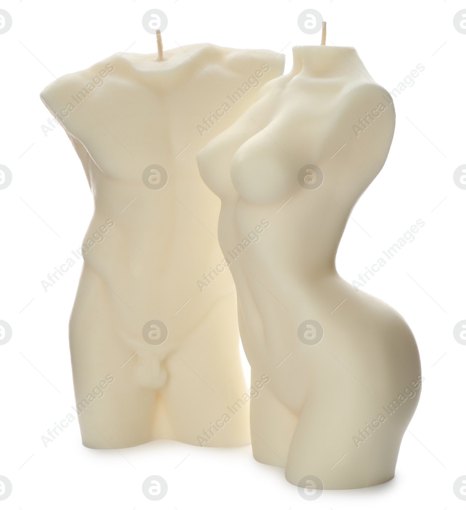 Photo of Beautiful male and female body shaped candles on white background