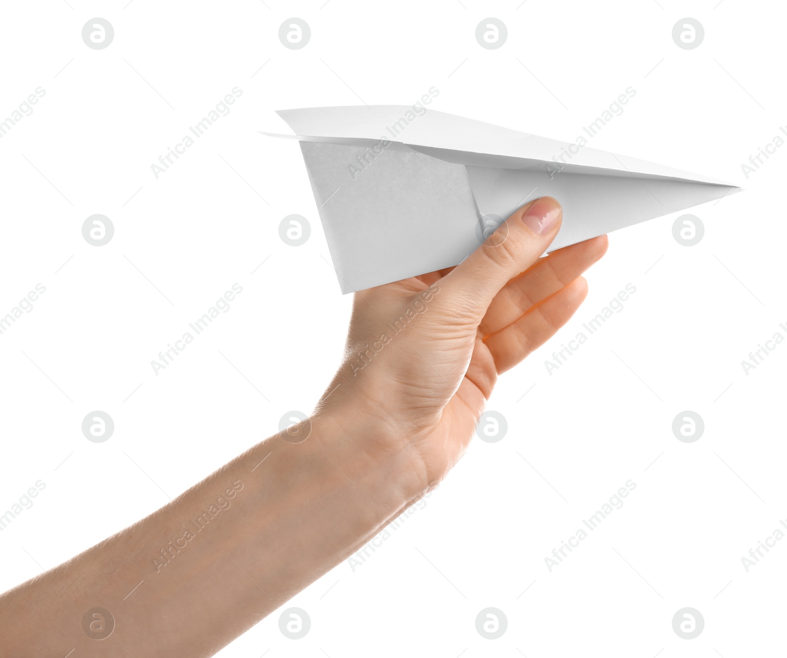 Photo of Woman holding paper plane on white background, closeup