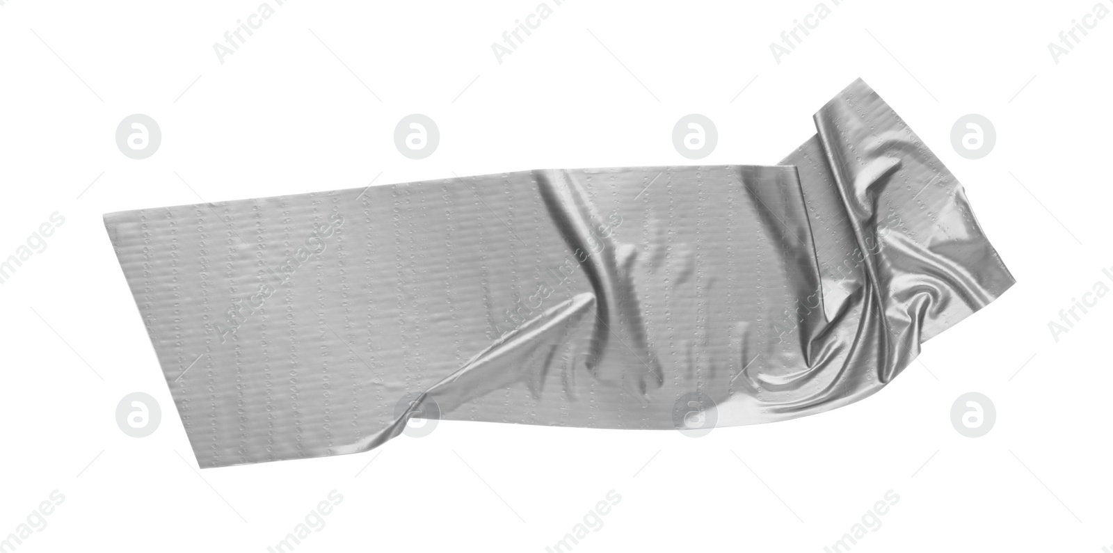 Photo of Piece of silver adhesive tape isolated on white, top view