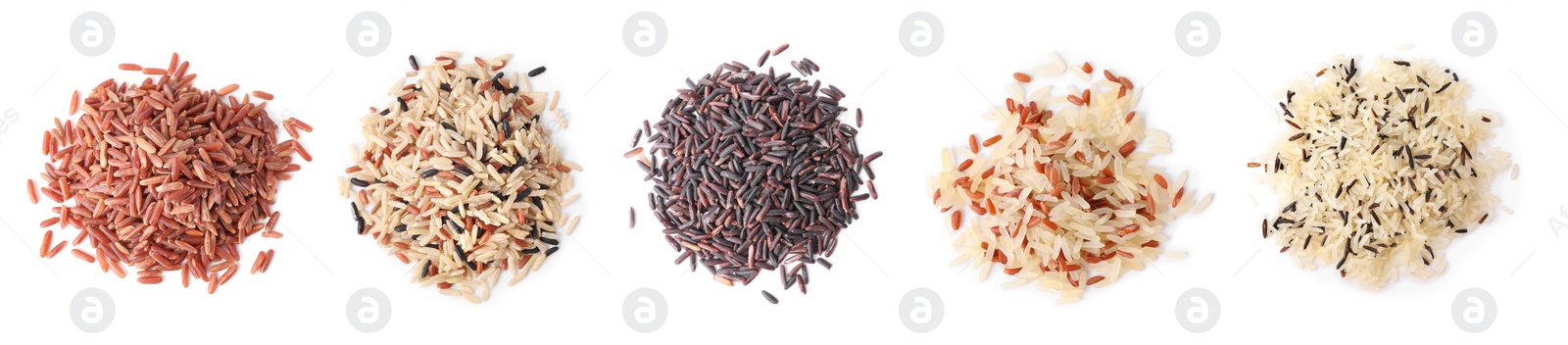 Image of Set with different types of rice on white background, top view. Banner design