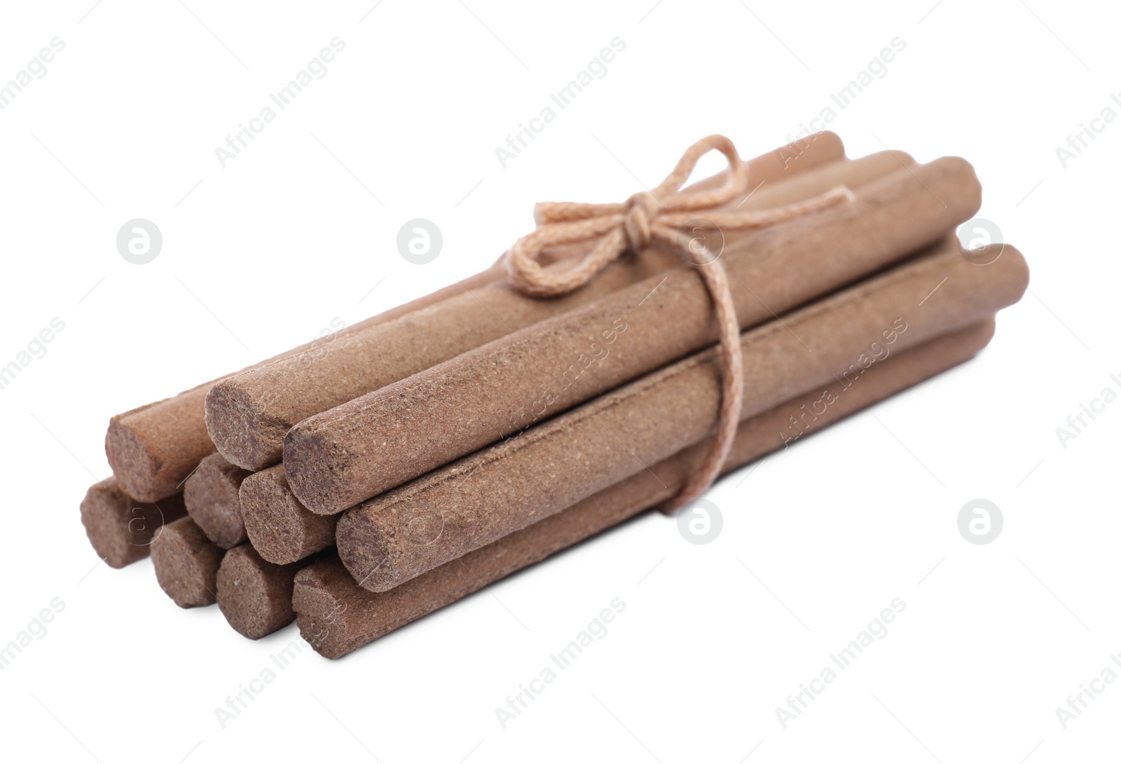 Photo of Many aromatic incense sticks tied with twine on white background