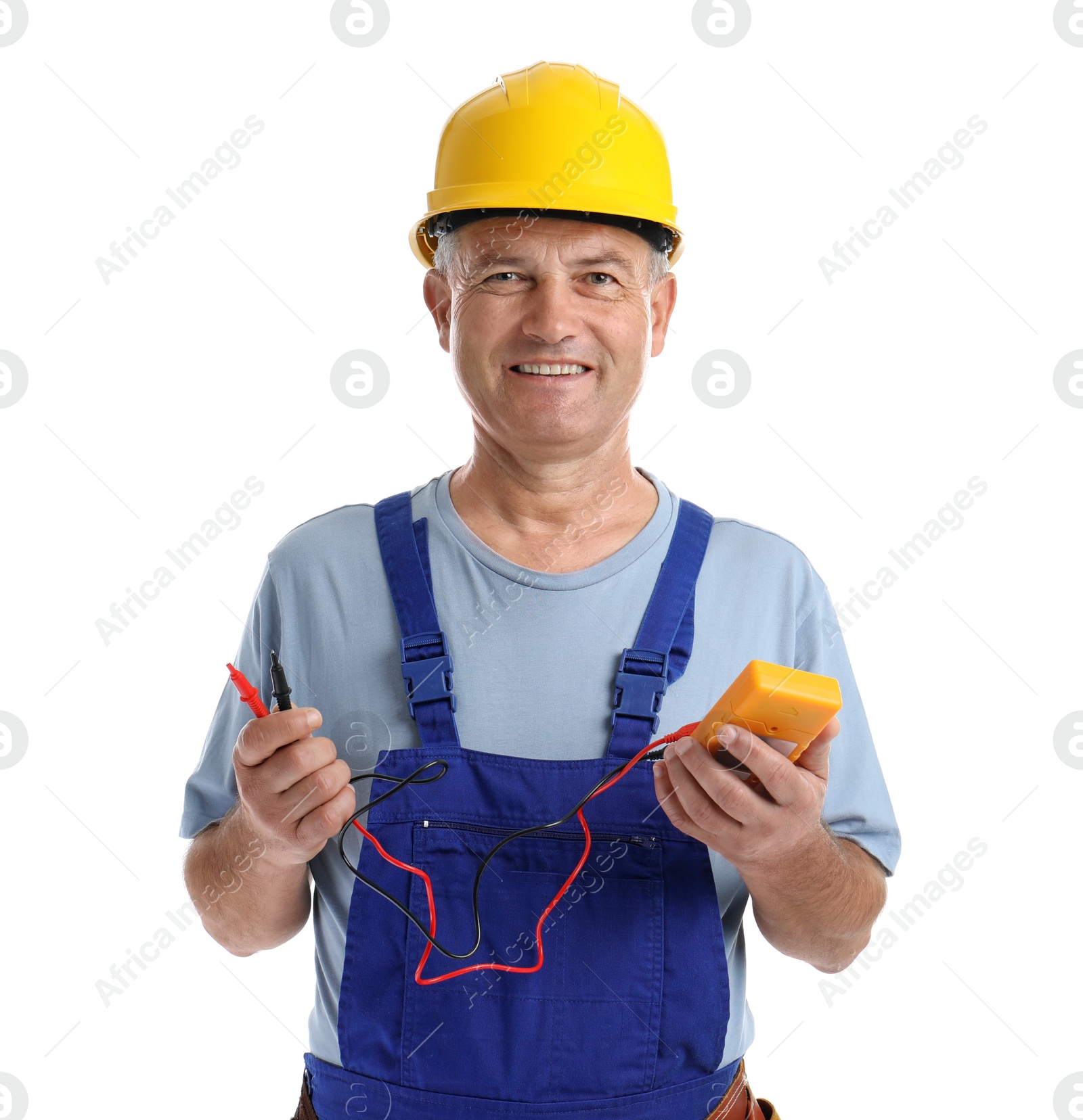 Photo of Electrician with multimeter wearing uniform on white background