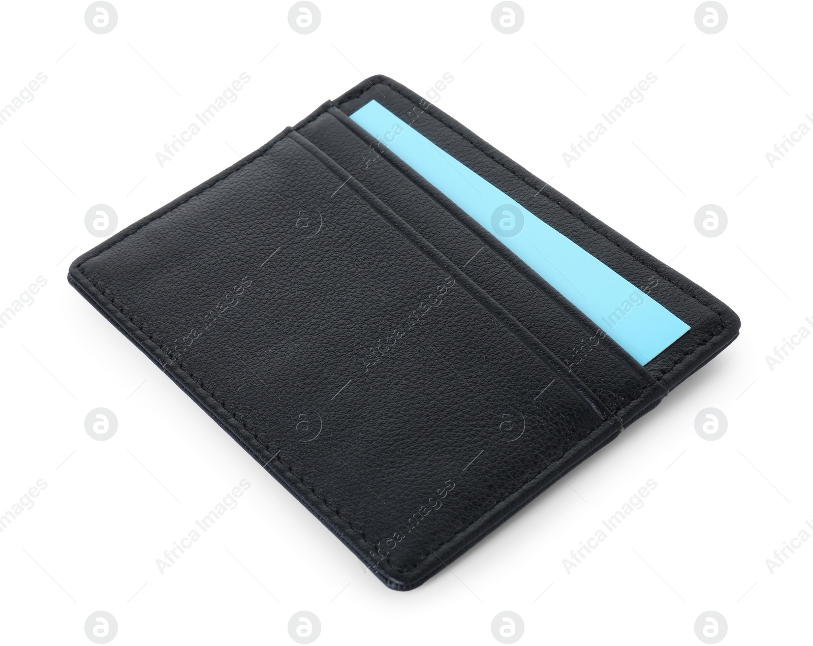 Photo of Black business card holder with card isolated on white