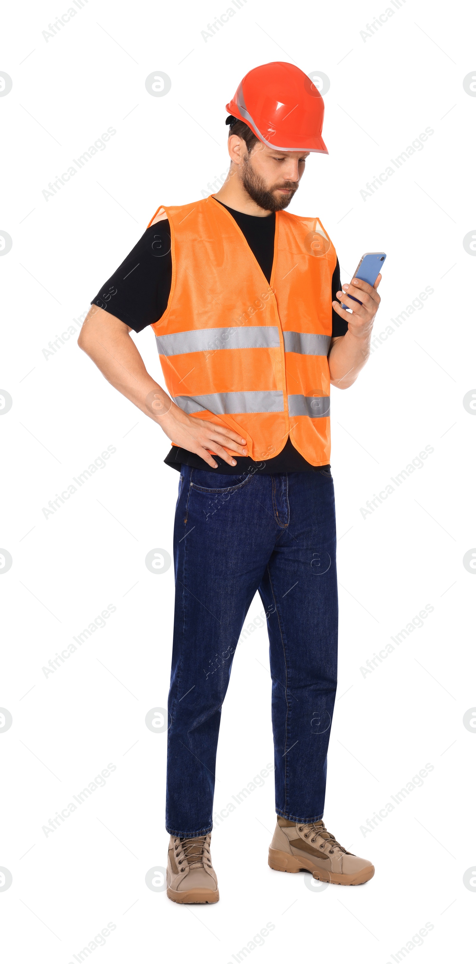 Photo of Man in reflective uniform with smartphone on white background