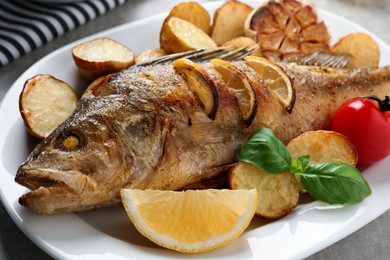 Photo of Tasty homemade roasted perch with garnish on table, closeup. River fish
