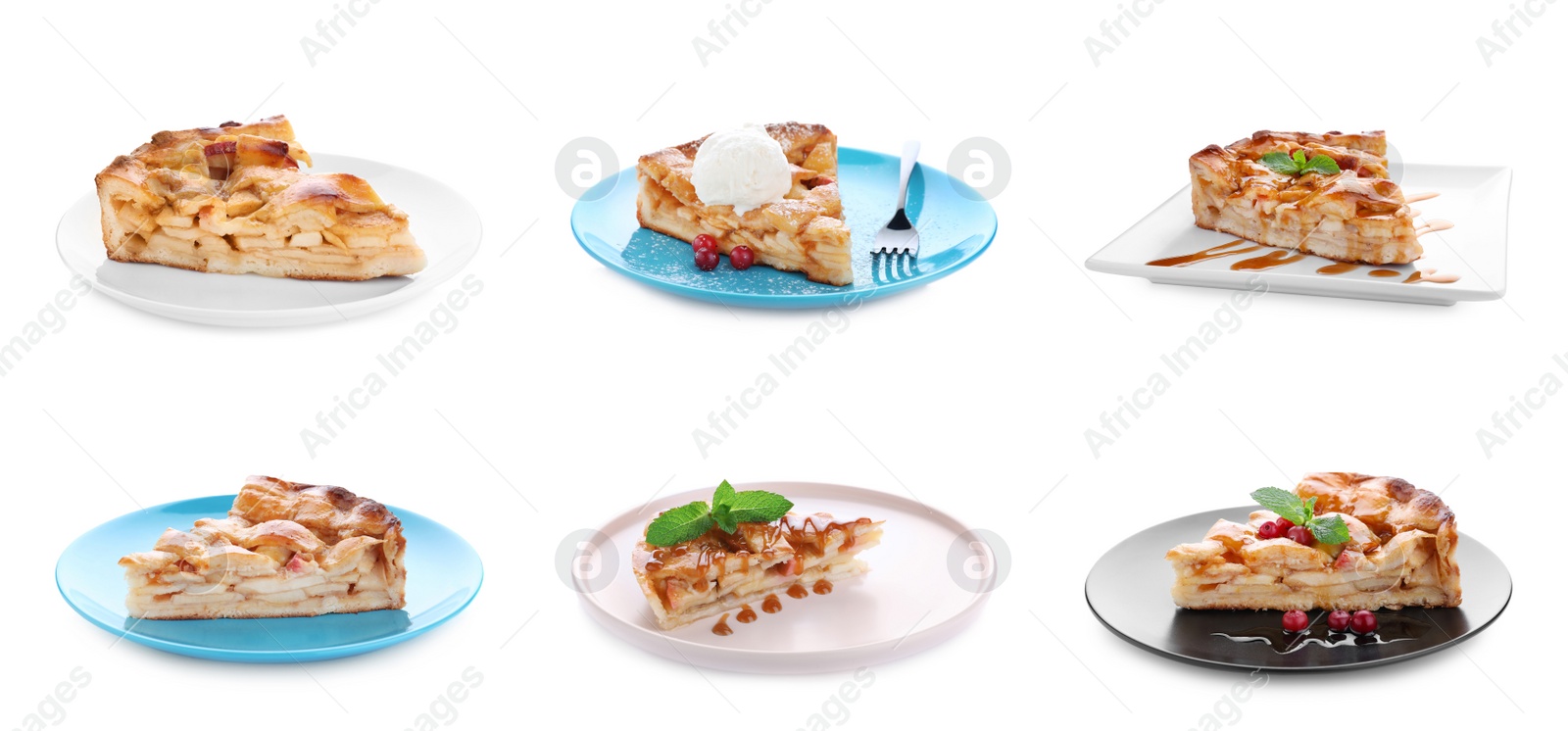 Image of Set with slices of traditional apple pies on white background, banner design