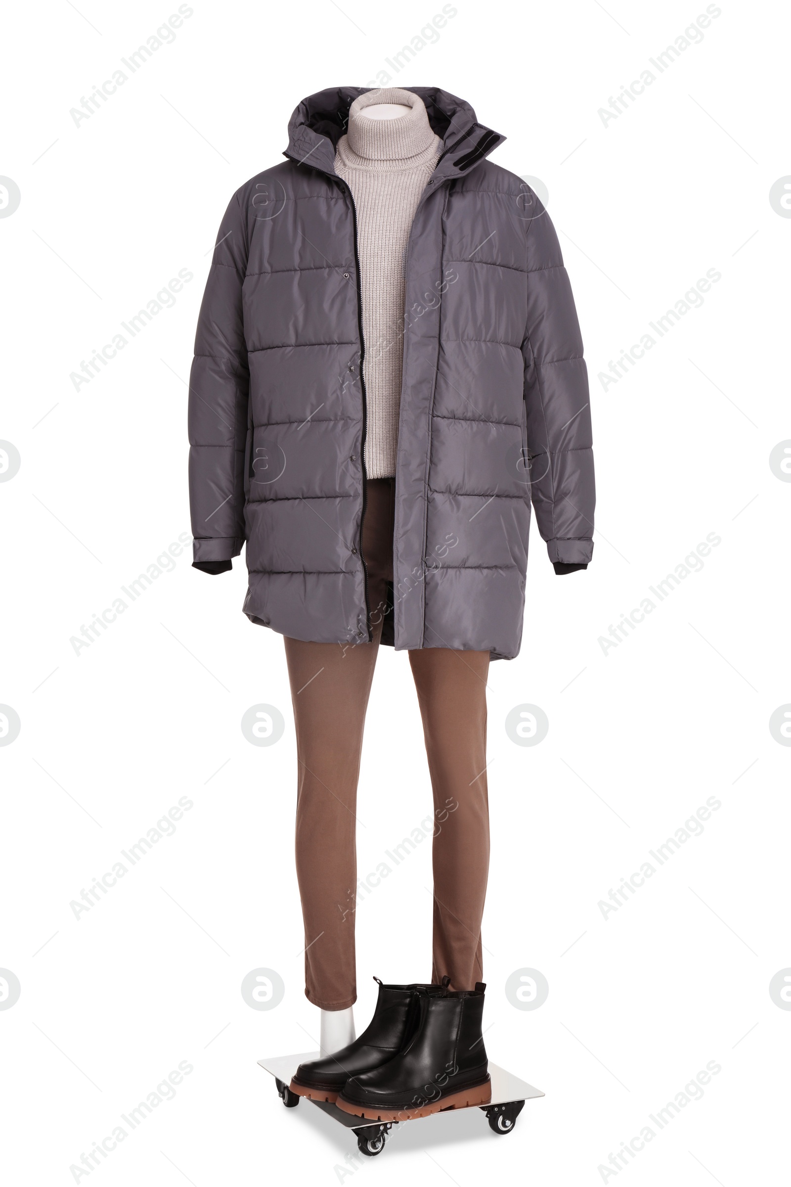 Photo of Male mannequin with shoes dressed in stylish grey jacket, turtleneck and pants isolated on white