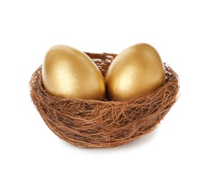 Shiny golden eggs in nest on white background