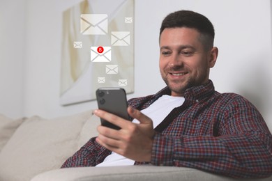 Image of Smiling man with smartphone chatting indoors. Many illustrations of envelope as incoming messages over device