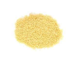 Heap of raw couscous on white background, top view