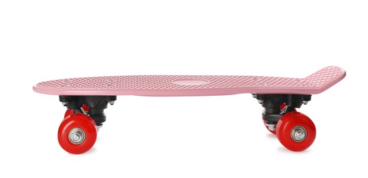 Photo of Pink skateboard with red wheels isolated on white. Sport equipment