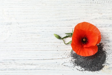 Photo of Poppy seeds and flower on white wooden table, flat lay with space for text