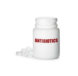 Image of Plastic bottle with antibiotic pills on white background