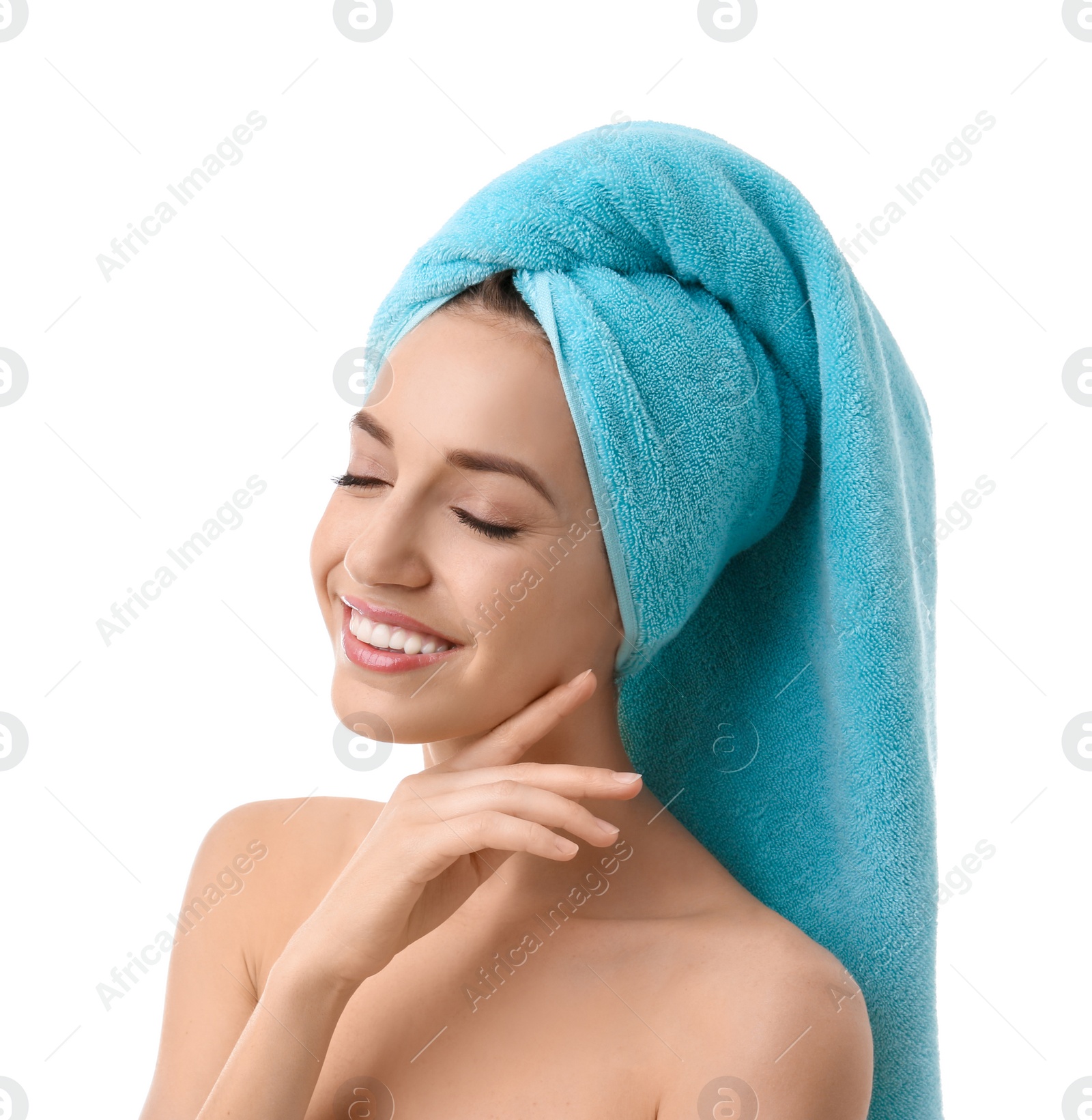 Photo of Beautiful young woman with silky skin on white background