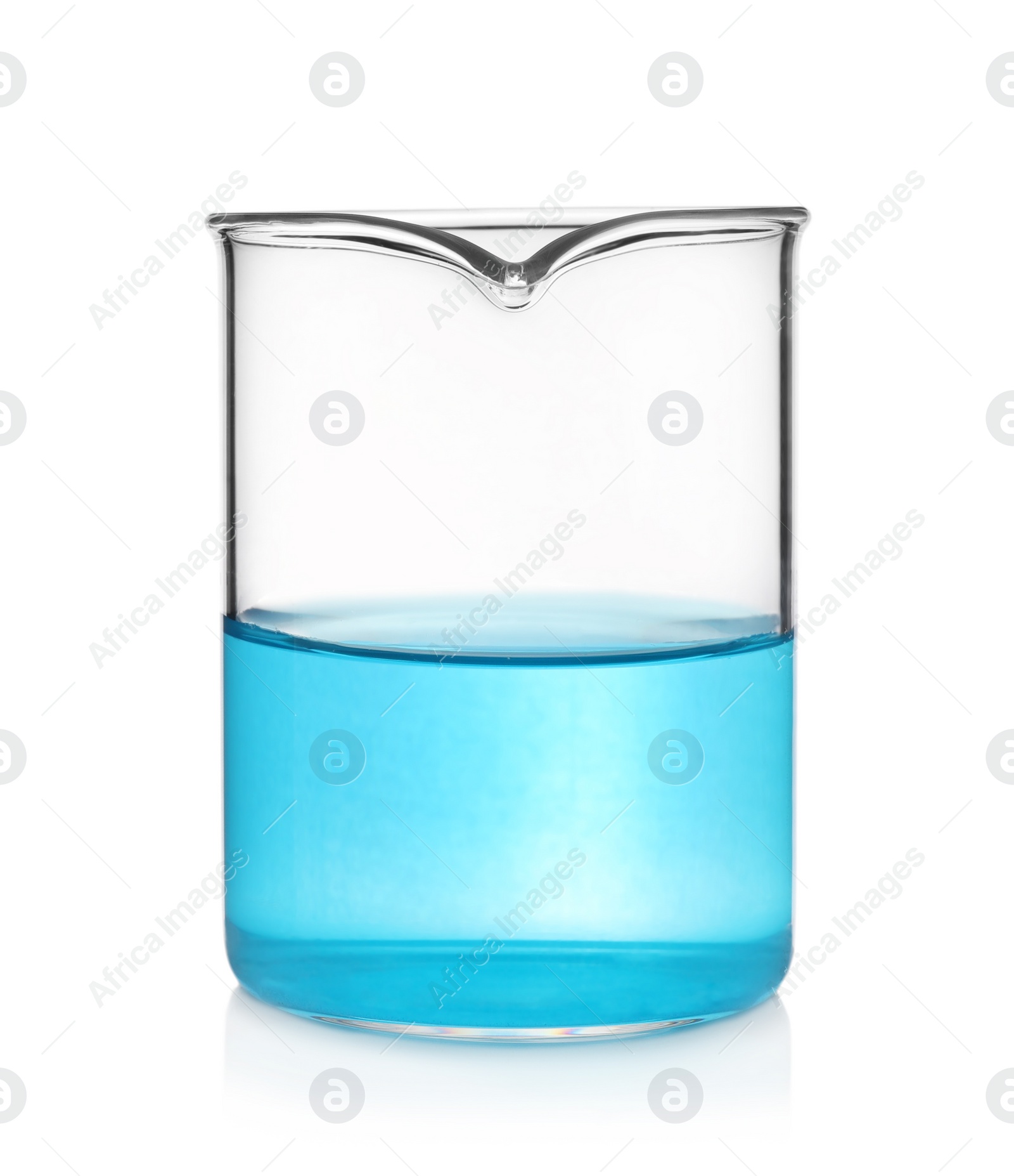 Photo of Beaker with light blue liquid isolated on white