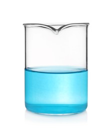 Beaker with light blue liquid isolated on white