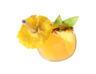 Photo of Glass of tasty pineapple cocktail isolated on white, top view