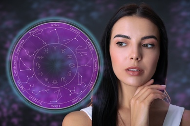 Image of Beautiful young woman and illustration of zodiac wheel with astrological signs on dark background