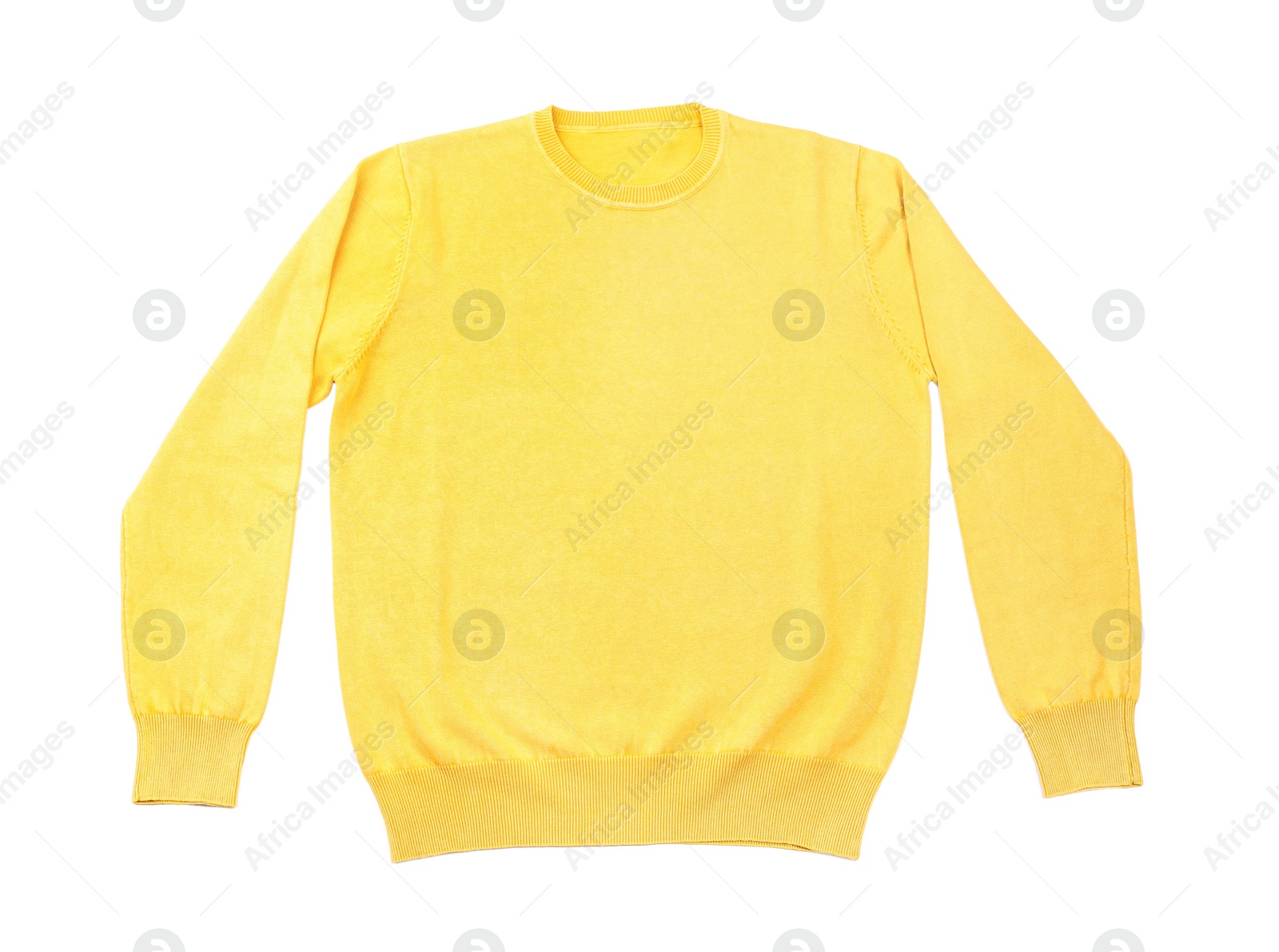 Photo of Soft yellow sweater isolated on white, top view