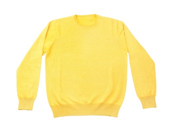 Soft yellow sweater isolated on white, top view