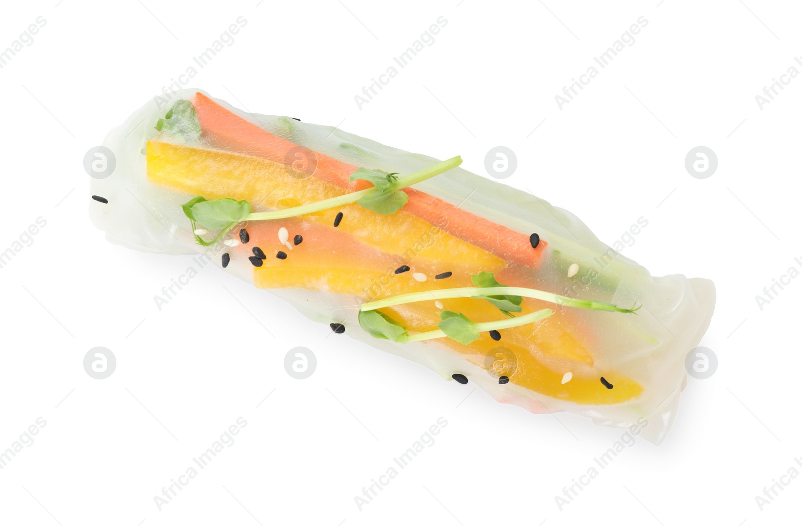 Photo of Tasty spring roll with sesame seeds and microgreens isolated on white, above view