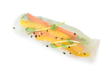 Photo of Tasty spring roll with sesame seeds and microgreens isolated on white, above view