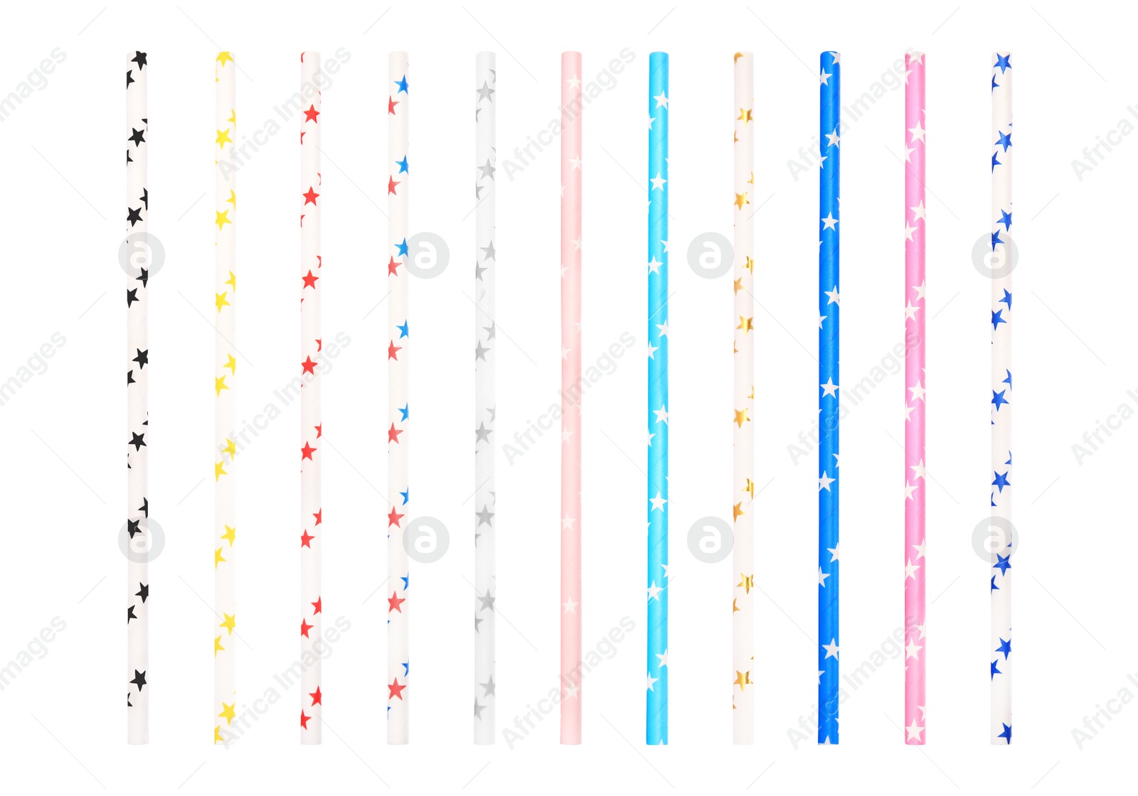 Image of Set of paper drinking straws with colorful stars on white background