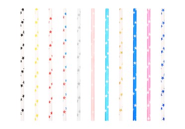 Image of Set of paper drinking straws with colorful stars on white background