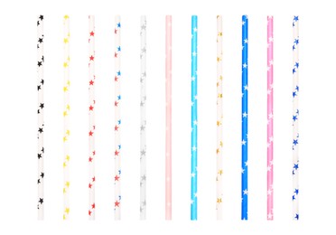 Set of paper drinking straws with colorful stars on white background