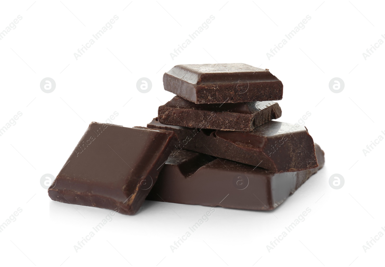 Photo of Delicious black chocolate pieces on white background