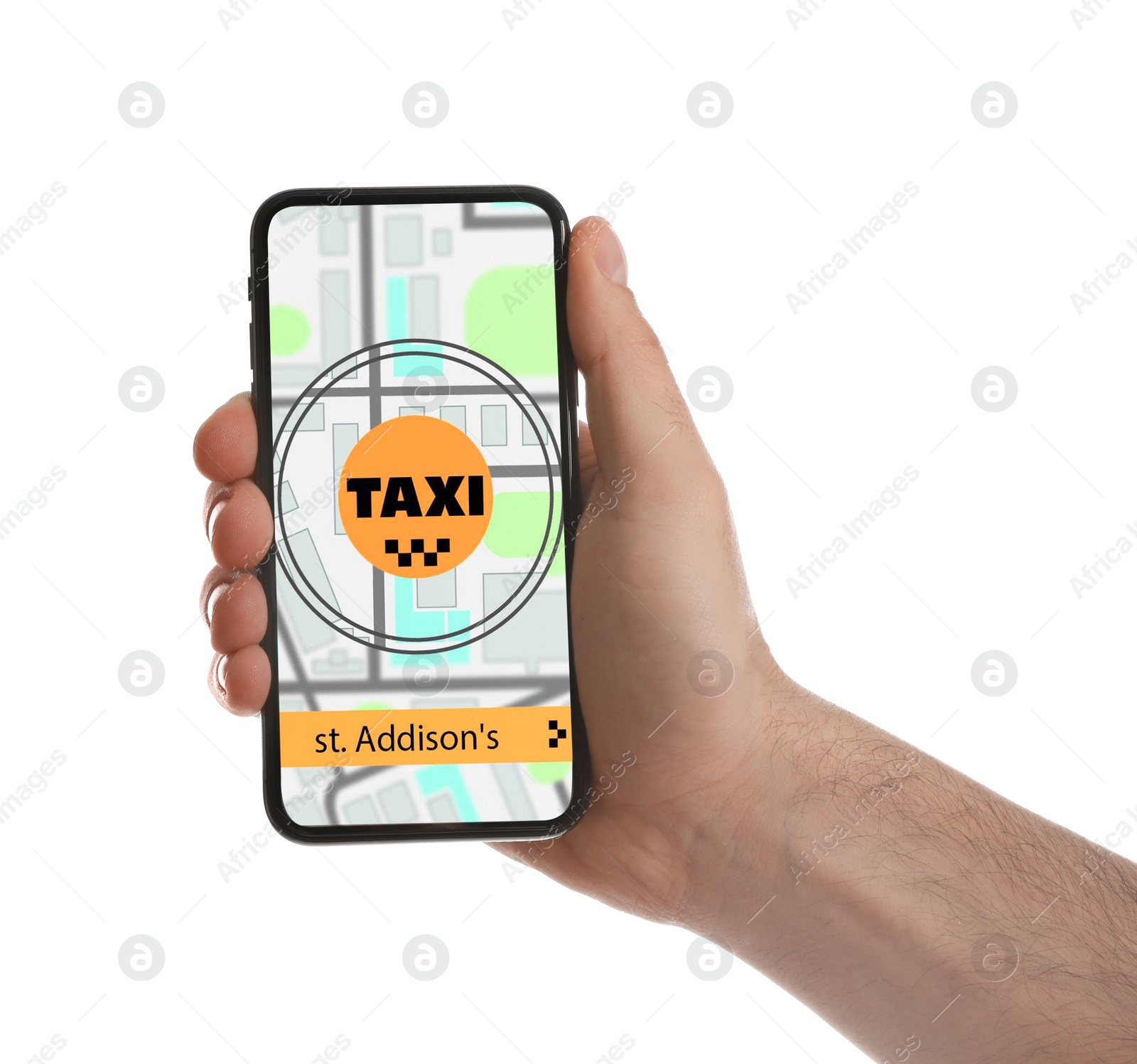 Photo of Man ordering taxi with smartphone on white background, closeup