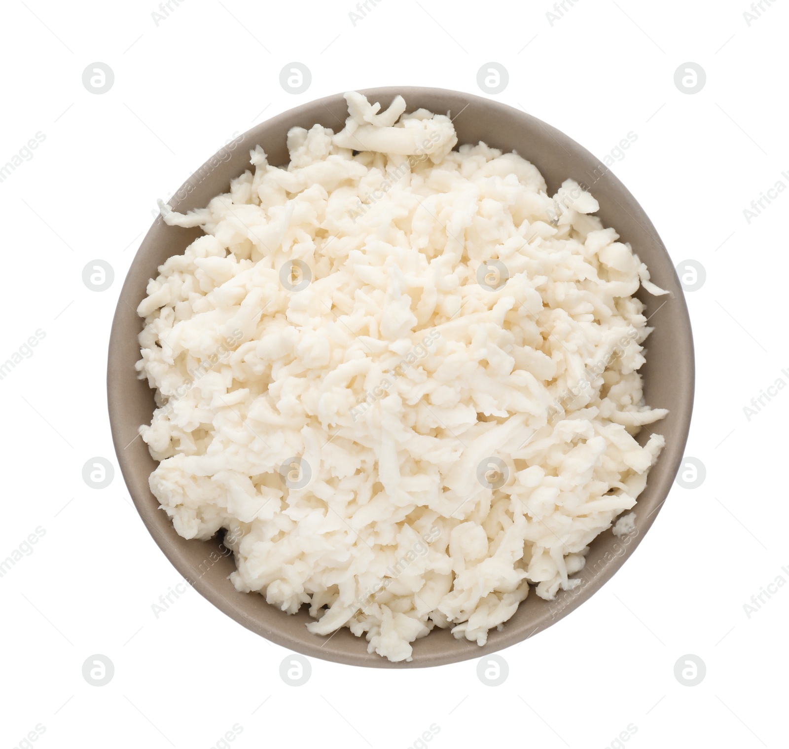 Photo of Bowl with delicious mozzarella cheese on white background, top view