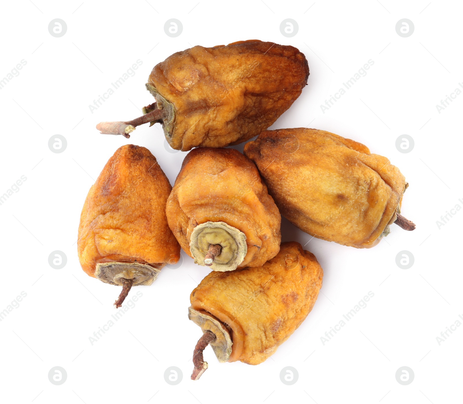 Photo of Tasty dried persimmon fruits on white background, top view
