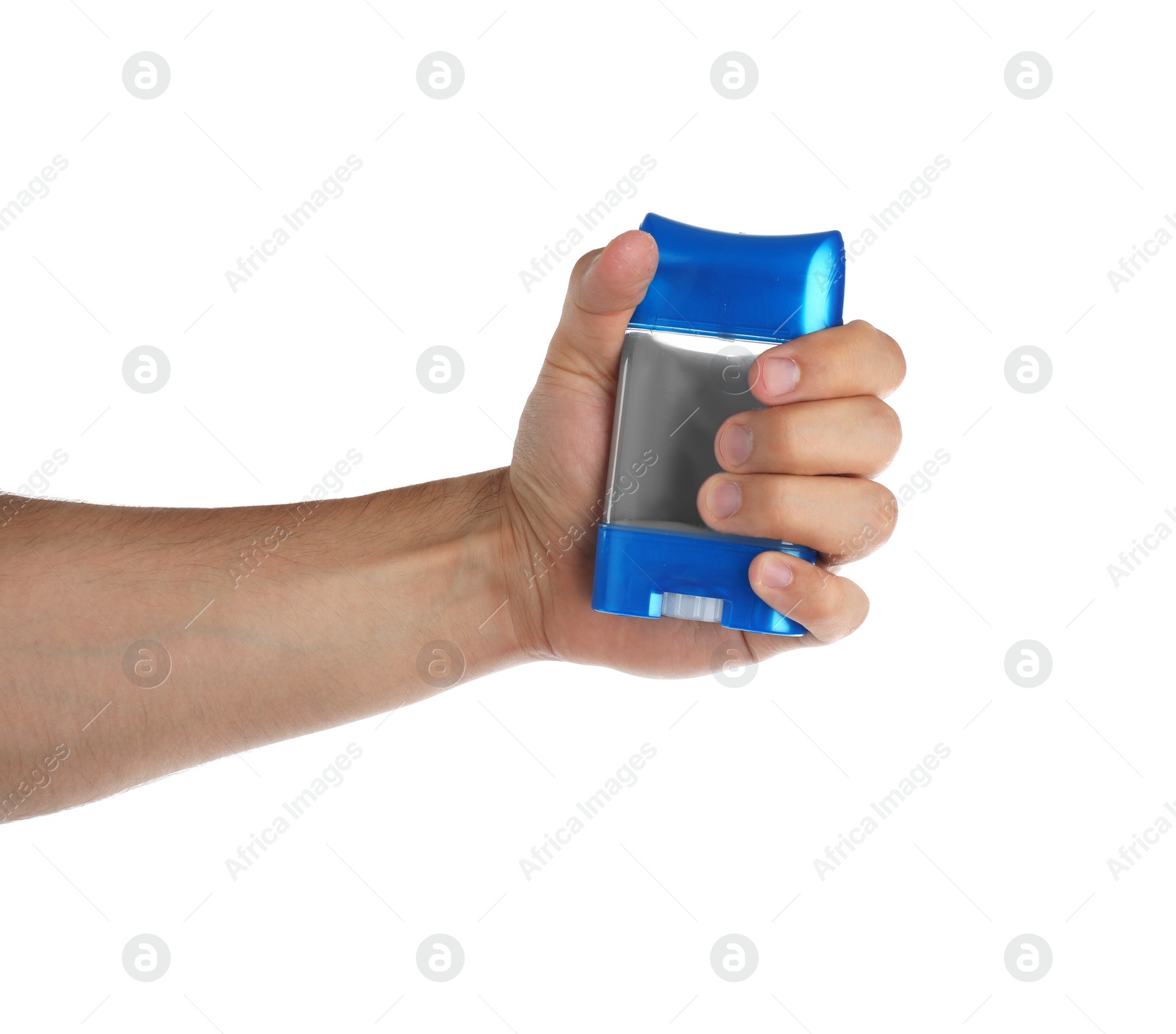 Photo of Man holding gel deodorant on white background, closeup